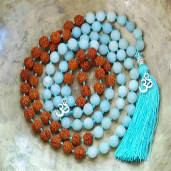 8 mm Amazonite Gemstone Rudraksha Mala ogrlica 108 Kroglice verige Žile Zdravilno energijo, molite Blagoslovi Ročno Manžeta