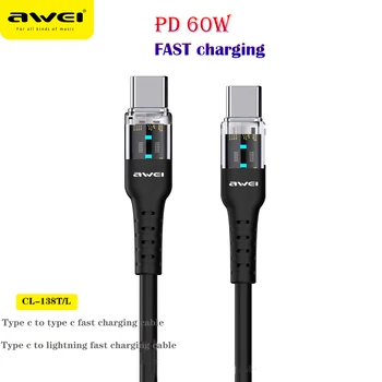 Awei CL-138 USB C Kabel 60-VATNE Hitro Polnjenje Žičnih Hitro Polnjenje Tip C /Llightning Kabel Za iPhone 11 13 Xiaomi MacBook Datum Kabel