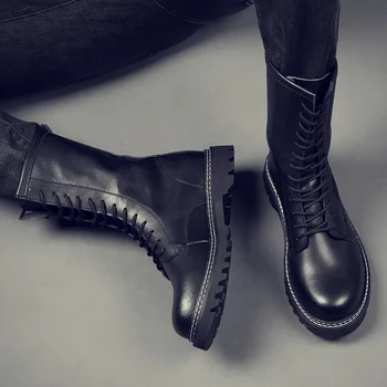 Britanski stil moški modni stranka nočni klub obleko visoki škornji pravega usnja platforma čevlji čipke-up dolgo bottes kavboj botas moški