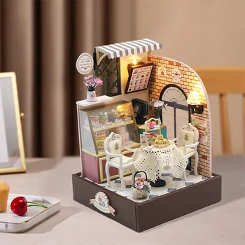 Diy Mini Scene Lutke Kompleti Lesena Lutka Hiše Miniaturni Lutke Pohištvo Z Led Igrače Za Otroke Odrasel Darilo za Rojstni dan
