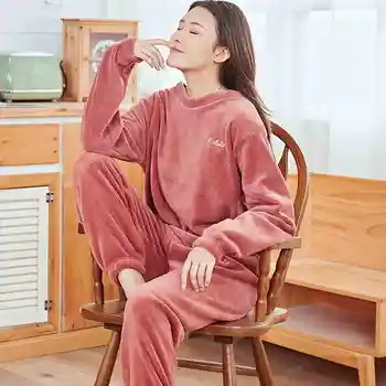 Flanela Pižamo Ženske Pozimi Doma Obleko Debele Toplo Homewear Ženska Plus Velikost Svoboden More Dolg Rokav Žamet Sleepwear Set