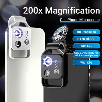 GTWIN 200X povečavo mikroskopa objektiv withCPL mobilni LED Luči mikro žep makro objektivi za iPhone, Samsung vse pametne telefone
