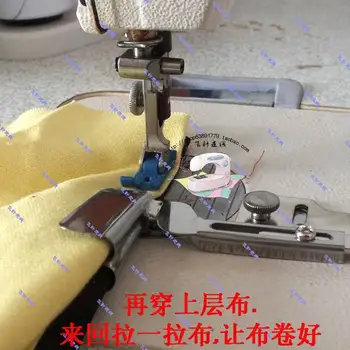 Industrijska ravno šivalni stroj veziva dve plasti tkanine, iz crimper zgornji in spodnji aktivnega zložljiva rob vrstic valj