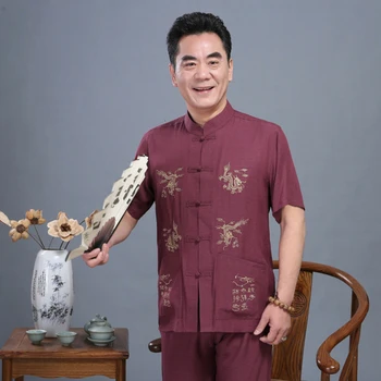 Kitajski moške obleke, kratke-sleechinese majica kratek rokav Tang obleko srajco moški srednjih let in starejših retro perilo, bombaž za moške
