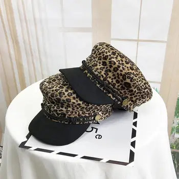 Korejskem slogu Modne Ženske klobuk Letnik Ravno mornarsko kapo Leopard tiskanja Octagonal klobuk 2021 VROČE Ženske Vojaške skp