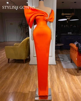 Luksuzni Oranžno Off Ramo Večerno Obleko Ruffles Rojstni Obleke Kristalno Beaded Formalno Halje Haljo De Soirée