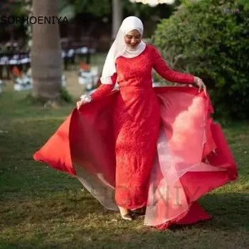 Nov Prihod Visoko Vratu Dolg rokav večerne obleke 2023 Čipke Muslimansko obleko ženske Rdeča Prom Stranka halje Vestidos de fiesta