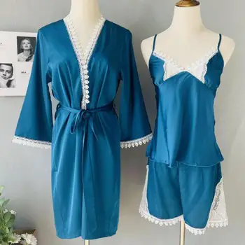 Pomlad Poletje Novo Čipke Spanja Set Home Oblačila 3PCS Pižamo bo Ustrezala Intimno Perilo, Ženske Priložnostne Saten More Pižame